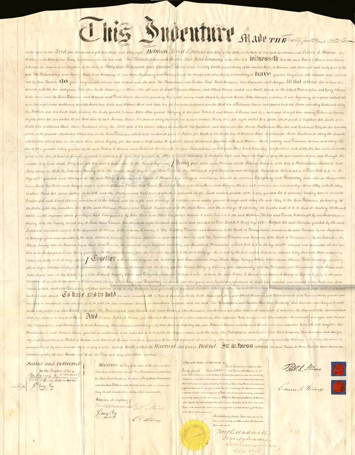 Robert L. and Edwin A. Stevens signed Deed - 1848 dated Autograph